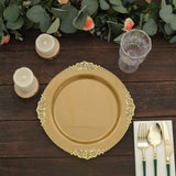 10 Pack | 10inch Gold Leaf Embossed Baroque Plastic Dinner Plates, Vintage Round Dinner Plates