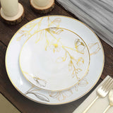 Set of 20 White Plastic Dinner Dessert Plates With Metallic Gold Floral Design, Disposable Round