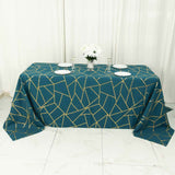 90x132inch Peacock Teal Rectangle Polyester Tablecloth With Gold Foil Geometric Pattern