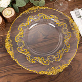 10 Pack Clear Gold European Style Disposable Dinner Plates Vintage Baroque With Scalloped Rim