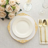 10 Pack | 10inch White Gold Leaf Embossed Baroque Plastic Dinner Plates