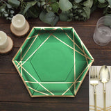 25 Pack | 9inch Hunter Emerald Green / Gold Hexagon Dinner Paper Plates, Geometric Party Plates