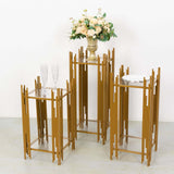 Set of 3 Gold Metal Plinths Cake Table Pedestal Stands With Square Acrylic Plates