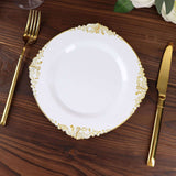 10 Pack | 8inch White Gold Leaf Embossed Baroque Plastic Salad Dessert Plates