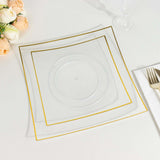 10 Pack | 10inch Clear / Gold Concave Modern Square Plastic Dinner Plates, Disposable Party Plates
