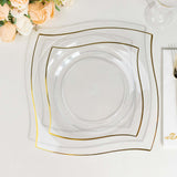 10 Pack | 10inch Clear / Gold Wavy Rim Modern Square Plastic Dinner Plates, Disposable Party Plates