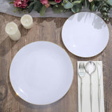 10 Pack | 8inch Glossy White Round Plastic Salad Plates With Gold Rim