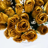 12 Bushes | Gold Artificial Premium Silk Flower Rose Buds | 84 Rose Buds