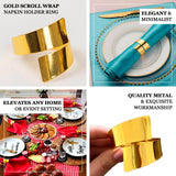 4 Pack | Shiny Gold Metal Swirl Wrap Cuff Band Napkin Rings, Decorative Scroll Serviette