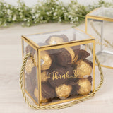 25 Pack Plastic Clear Square Gift Boxes with Gold Trim - Transparent Favor Boxes, Rope Handle