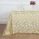 90x156inch Gold Sequin Leaf Embroidered Rectangular Tablecloth, Seamless Sheer Table Overlay