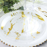 10 Pack | 10Inch Gold and Clear Marble Print Plastic Dinner Party Plates, Disposable Plates