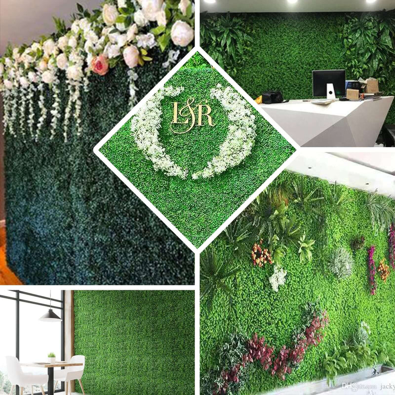 Collage of artificial hedge wall displays with flowers