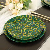 20 Pack Set | 9inch, 7inch Hunter Emerald Green Geometric Gold Print Plastic Plates