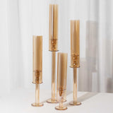 Set of 4 Gold Crystal Glass Hurricane Taper Candle Holders With Tall Cylinder Chimney Tubes