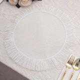 4 Pack White Rustic Farmhouse Burlap Tassel Dining Table Mats, 16inch Round Boho Chic Jute Fringe