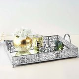 Fleur De Lis Silver Metal Decorative Vanity Serving Tray with handles, Rectangle Mirrored Tray