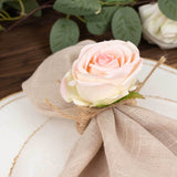 4 Pack Blush Artificial Rose Flower Wooden Napkin Holders, Farmhouse Country Floral Napkin Rings