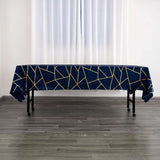 60"x102" Navy Blue Rectangle Polyester Tablecloth With Gold Foil Geometric Pattern