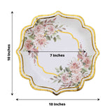 25 Pack | 10inch White / Gold Floral Scallop Rim Dinner Paper Plates, Disposable Party Plates