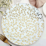 10 Pack White Round Plastic Dessert Plates with Gold Leaf Design