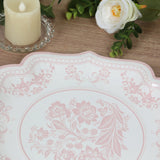 25-Pack Paper Dessert Plates in White with Pink Damask Floral Print & Scallop Rim