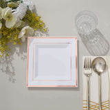 10 Pack - 7inch Rose Gold Trim White Square Plastic Salad Dessert Plates