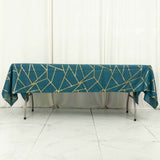 60"x102" Peacock Teal Rectangle Polyester Tablecloth With Gold Foil Geometric Pattern