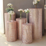 Set of 5 Rose Gold Sequin Mesh Cylinder Pedestal Pillar Prop Covers with Geometric Pattern