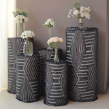 Set of 5 Black Sequin Mesh Cylinder Pedestal Pillar Prop Covers with Geometric Pattern Embroidery