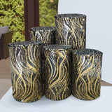 Set of 5 Black Wave Mesh Cylinder Pedestal Stand Covers with Embroidered Sequins, Premium Pillar