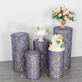 Set of 5 Royal Blue Wave Mesh Cylinder Pedestal Stand Covers with Embroidered Sequins, Premium