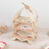 3 Tier White Peach Birdcage Cardboard Dessert Display Stand With Floral Print, 18inch Cake Display