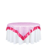 72" x 72" Fuchsia Satin Edge Embroidered Sheer Organza Square Table Overlay