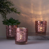 6 Pack | Blush/Rose Gold Mercury Glass Candle Holders, Votive Tealight Holders With Primrose Design