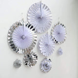 Set of 8 | Silver | White Paper Fan Decorations | Paper Pinwheels Wall Hanging Decorations Party Backdrop Kit | 4" | 8" | 12" | 16"