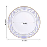 10 Pack White Renaissance Disposable Dinner Plates With Gold Navy Blue Chord Rim, Plastic Party