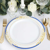 10 Pack | White With Royal Blue Rim 10inch Plastic Dinner Plates, Round With Gold Vine Design