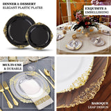 10-Pack Plastic 8INCH Round Dessert Plates in Purple with Gold Leaf Embossed Rim Disposable Vintage