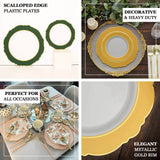 10 Pack | 10inch Gold / White Disposable Dinner Plates With Round Blossom Design With Gold Rim