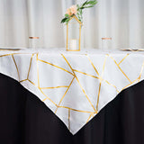 54"x54" White Polyester Square Table Overlay With Gold Foil Geometric Pattern