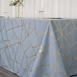 90inch x 132inch Dusty Blue Rectangle Polyester Tablecloth With Gold Foil Geometric Pattern