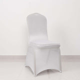 White Spandex Banquet Chair Cover with Silver Rhinestone Buckled Sash Band, Stretched Fitted Slip On