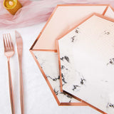 50 Pack | Blush/Rose Gold Marble 10/8inch Paper Plates, Disposable Hexagon Plates With Gold Foil Rim