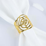 4 Pack | Shiny Gold Laser Cut Rose Round Metal Napkin Rings, Decorative Flower Napkin Holders