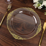 10 Pack | 10inch Clear Gold Leaf Embossed Baroque Plastic Dinner Plates