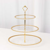 14inch Clear 3-Tier Plastic Dessert Display Stand With Gold Beaded Rim, Round Cupcake Tower