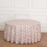 120inch Blush Rose Gold Sequin Leaf Embroidered Seamless Tulle Round Tablecloth, Sheer Overlay