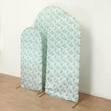 Set of 3 White Green Satin Chiara Wedding Arch Covers With Eucalyptus Leaves Print, Fitted Covers