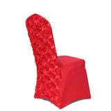 Red Satin Rosette Spandex Stretch Banquet Chair Cover, Fitted Slip On Chair Cover